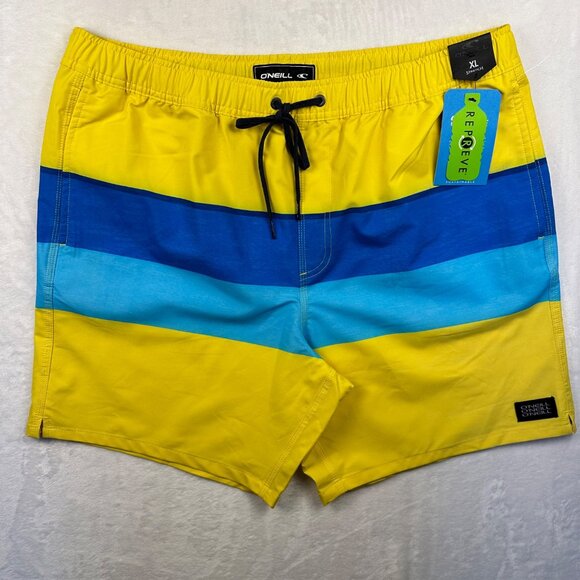 ONeill Mens XL Yellow & Blue Striped BoardShorts Sustainable Swimwear - Picture 2 of 11